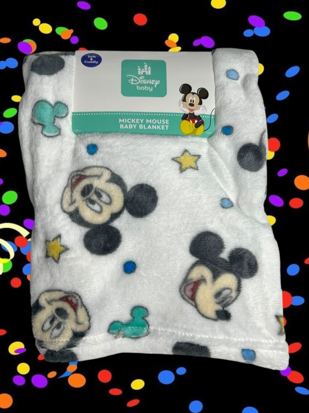 NWT Disney Baby Mickey Mouse Face Stars Dots Plush Baby Blanket Toddler Blue Red